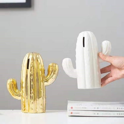 Gold Ceramic Cactus Piggy Bank