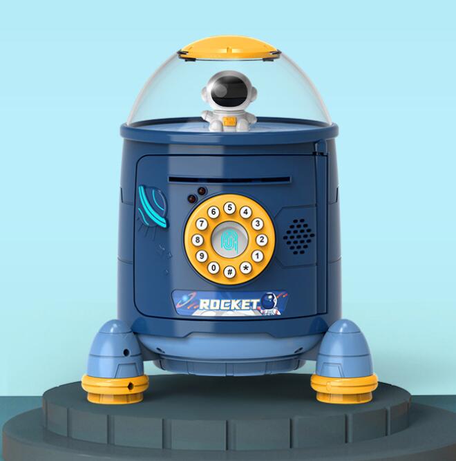 Blue rocket piggy bank