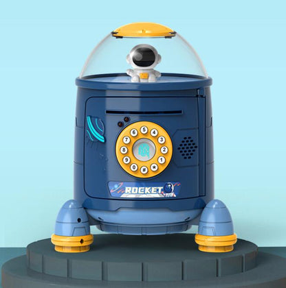 Blue rocket piggy bank