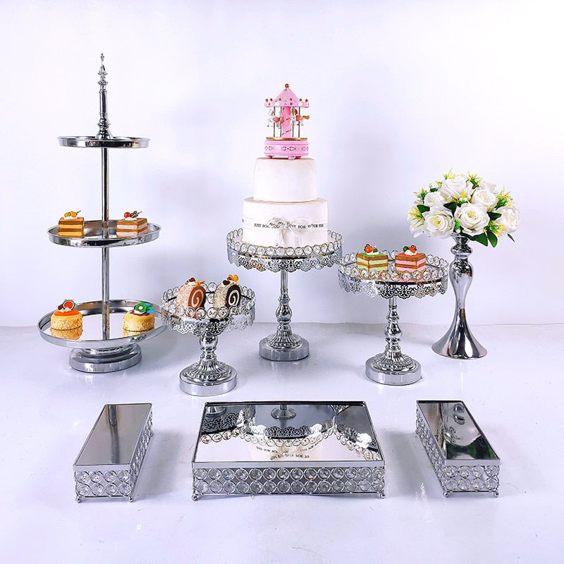 8pcs Crystal Silver Cake Stand Set