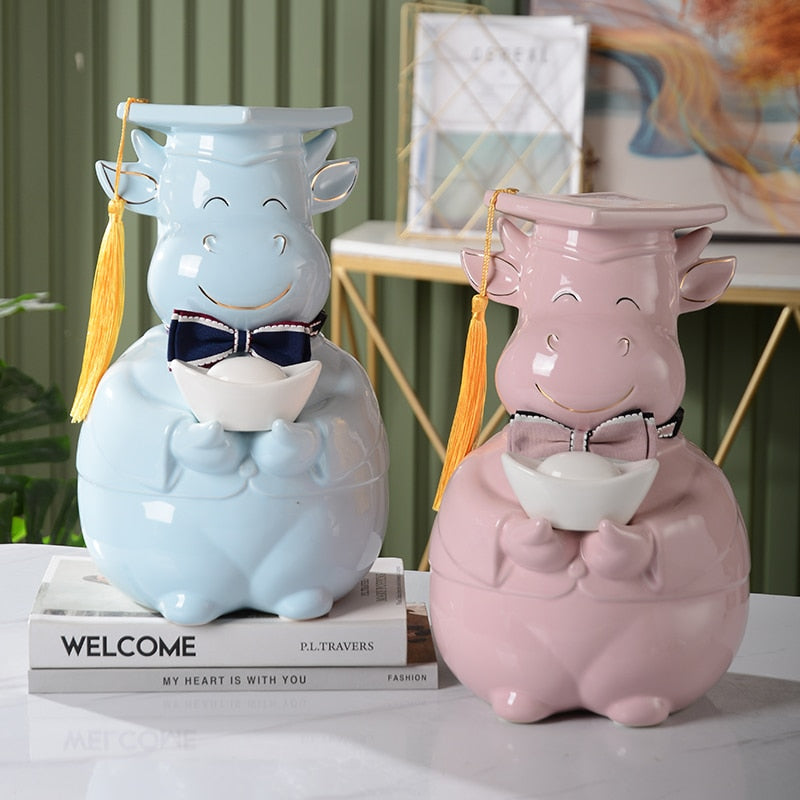 Blue pink ceramic piggy bank