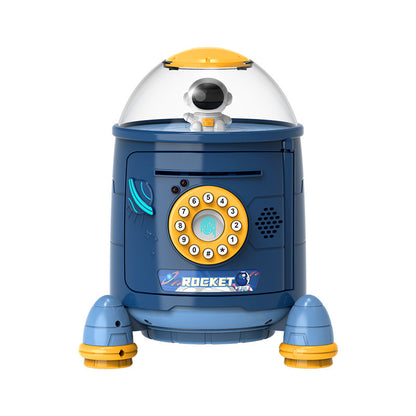 Blue rocket piggy bank